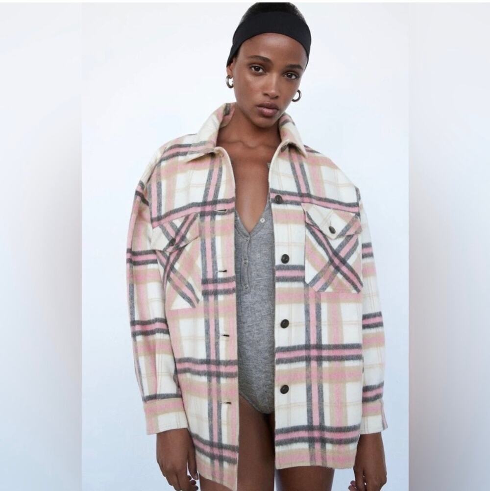 Zara Pink Plaid Wool Blend Overshirt Shacket Jacket XS Oversized